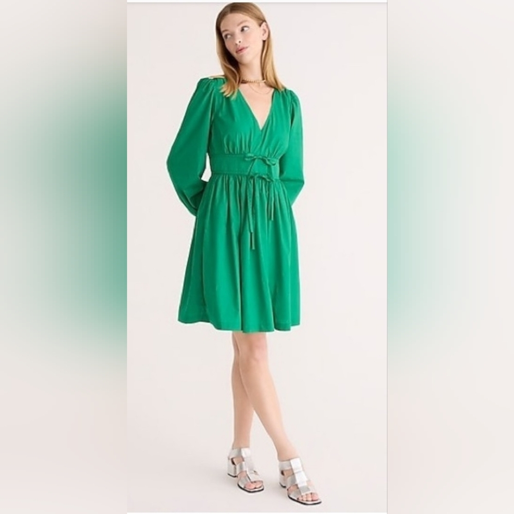 J. Crew Vibrant Kelly Green Long Sleeve Poplin Dress